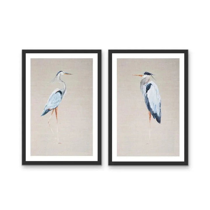 Hamptons Blue Heron On Linen - Two Piece Hamptons Wall Art Set on Canvas or Paper - I Heart Wall Art - Poster Print, Canvas Print or Framed Art Print