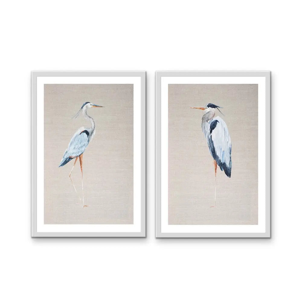 Hamptons Blue Heron On Linen - Two Piece Hamptons Wall Art Set on Canvas or Paper Diptych I Heart Wall Art Australia 