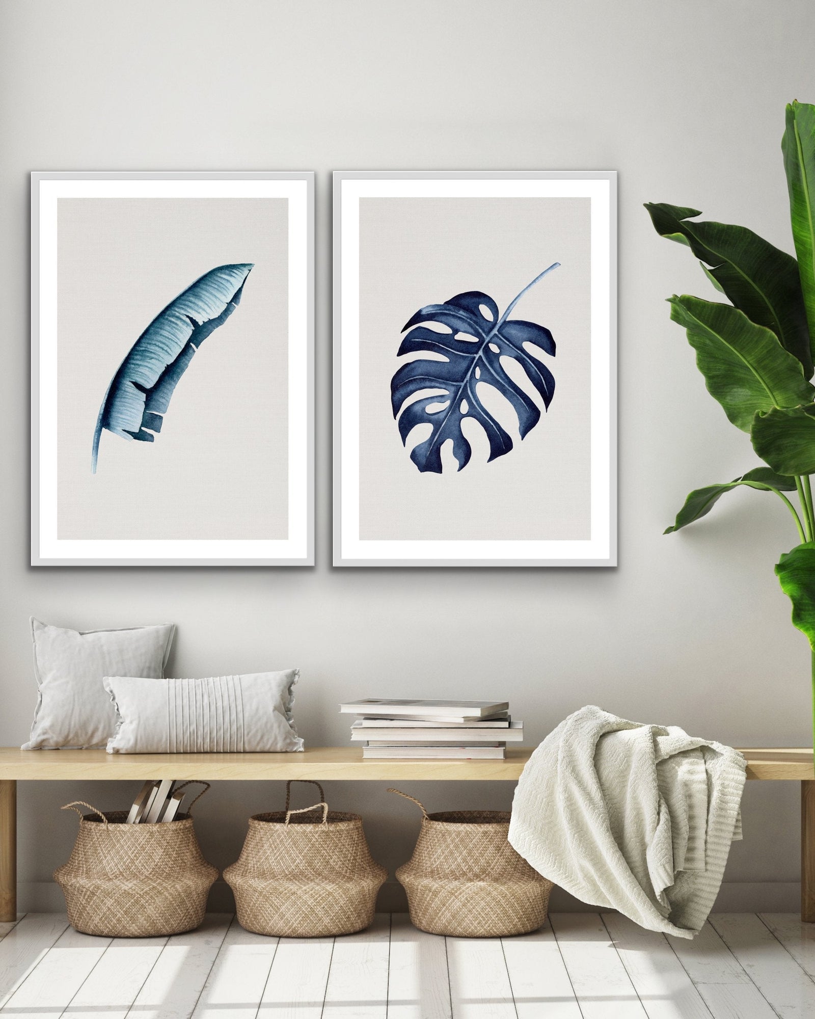 Hamptons Blue Monstera on Grey Linen - Two Piece Hamptons Coastal Beach Print Set Diptych - I Heart Wall Art