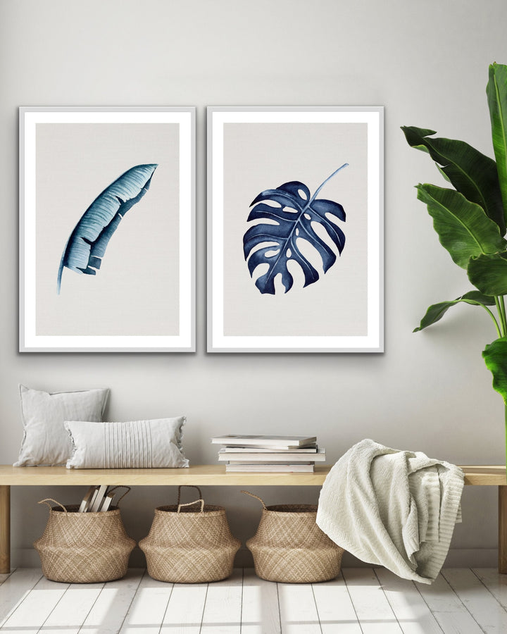 Hamptons Blue Monstera on Grey Linen - Two Piece Hamptons Coastal Beach Print Set Diptych - I Heart Wall Art