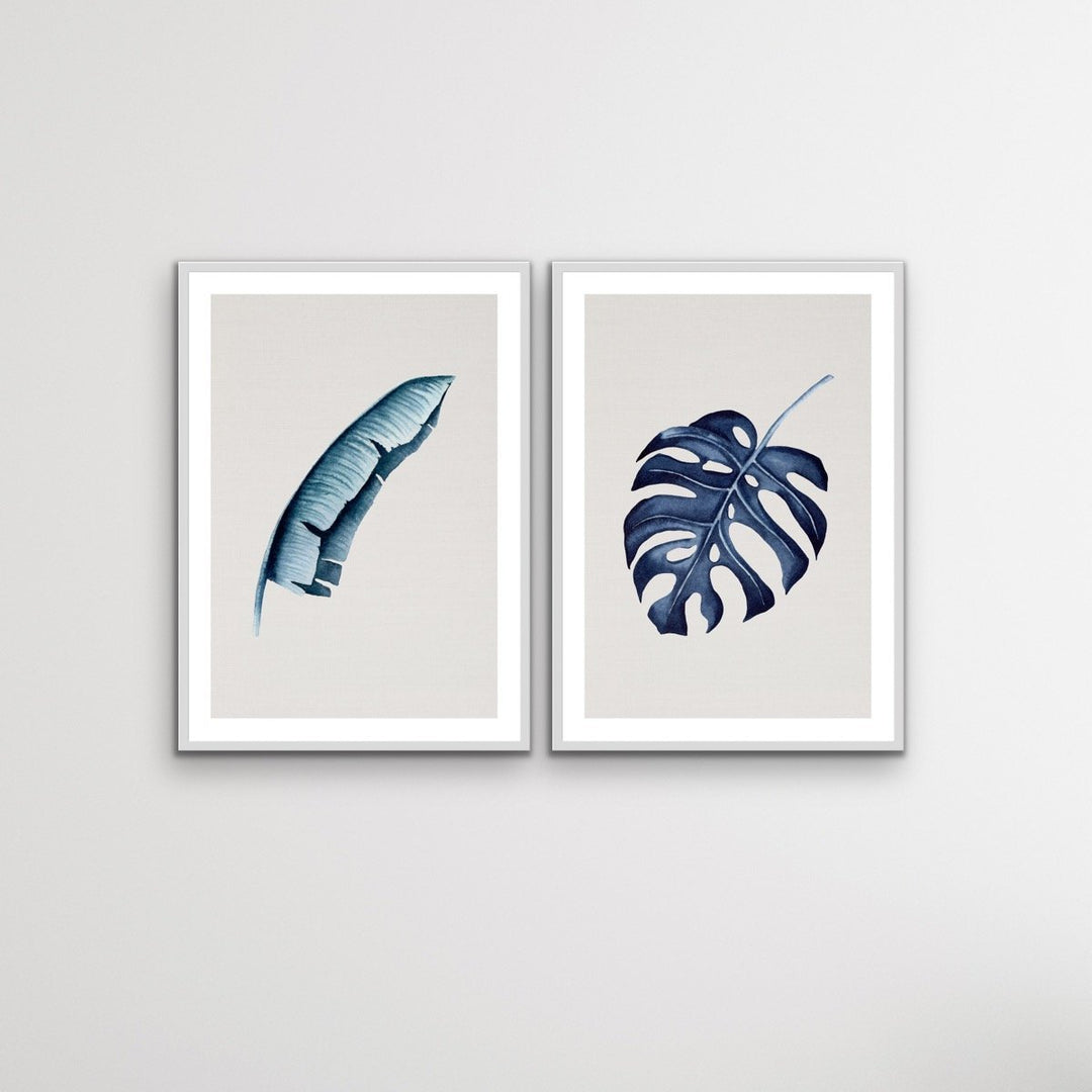 Hamptons Blue Monstera on Grey Linen - Two Piece Hamptons Coastal Beach Print Set Diptych - I Heart Wall Art