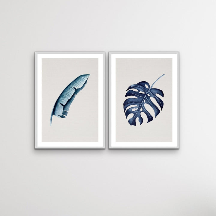 Hamptons Blue Monstera on Grey Linen - Two Piece Hamptons Coastal Beach Print Set Diptych - I Heart Wall Art