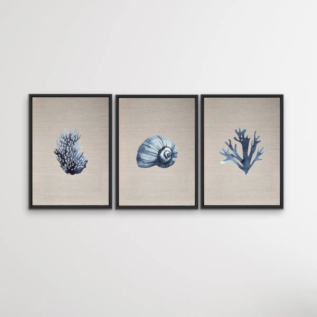 Hamptons Dark Coral On Linen Seaside Wall Art Prints - Three Piece Art Print Triptych - I Heart Wall Art
