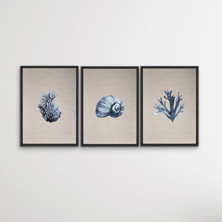 Hamptons Dark Coral On Linen Seaside Wall Art Prints - Three Piece Art Print Triptych - I Heart Wall Art