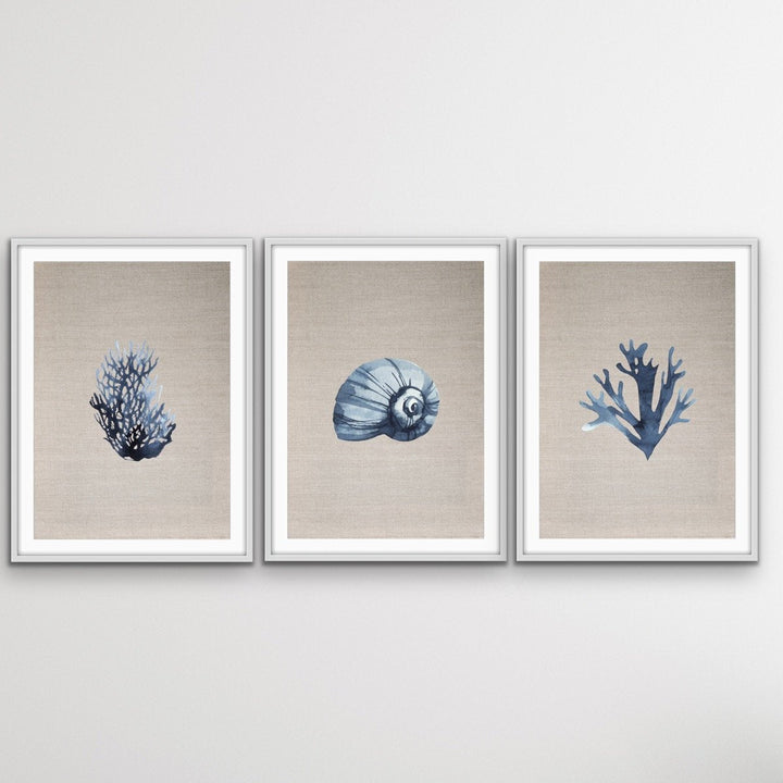 Hamptons Dark Coral On Linen Seaside Wall Art Prints - Three Piece Art Print Triptych - I Heart Wall Art