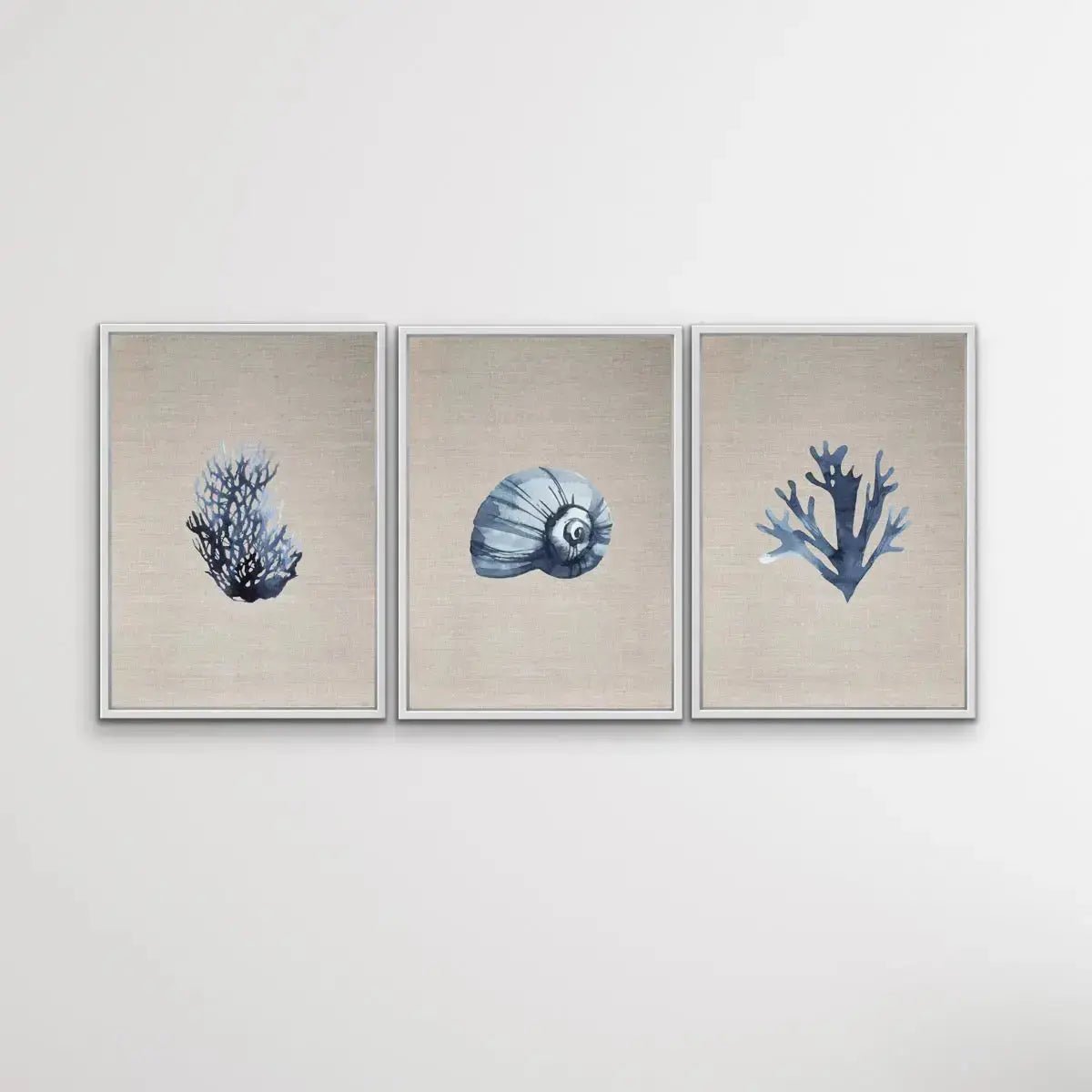 Hamptons Dark Coral On Linen Seaside Wall Art Prints - Three Piece Art Print Triptych - I Heart Wall Art - Poster Print, Canvas Print or Framed Art Print