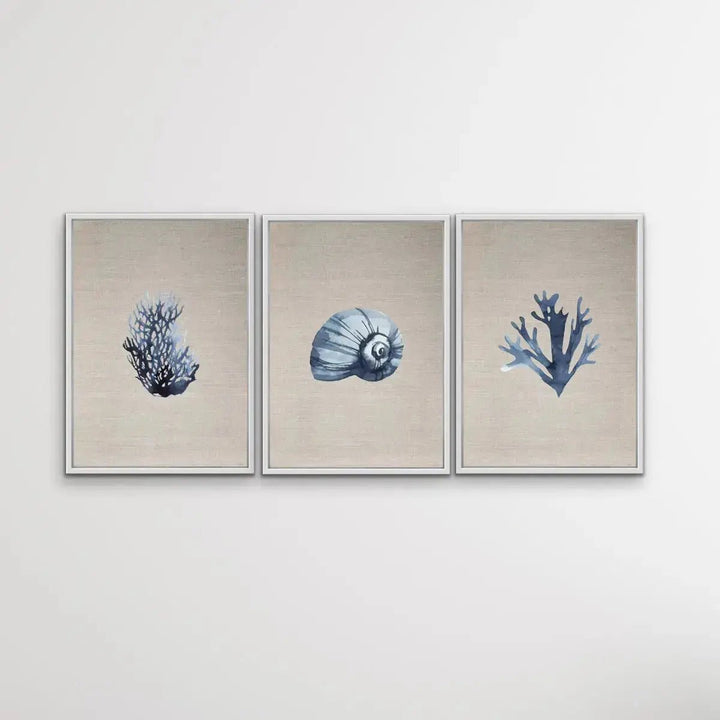 Hamptons Dark Coral On Linen Seaside Wall Art Prints - Three Piece Art Print Triptych - I Heart Wall Art - Poster Print, Canvas Print or Framed Art Print