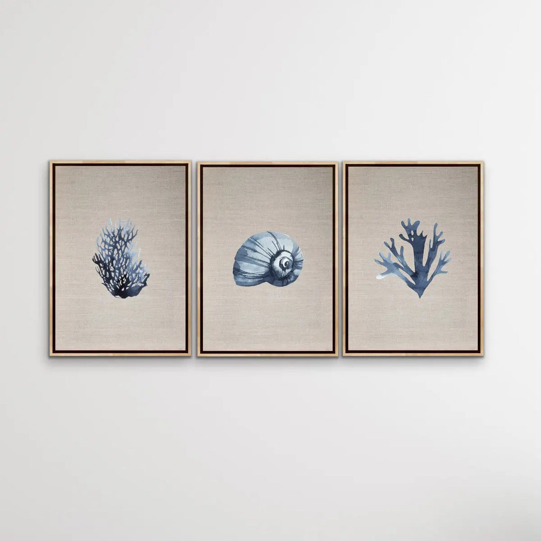 Hamptons Dark Coral On Linen Seaside Wall Art Prints - Three Piece Art Print Triptych - I Heart Wall Art