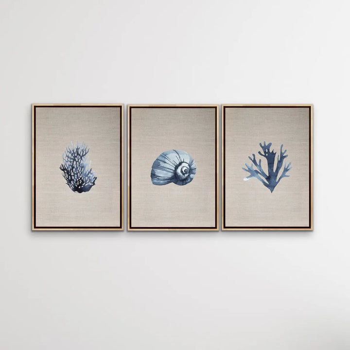Hamptons Dark Coral On Linen Seaside Wall Art Prints - Three Piece Art Print Triptych - I Heart Wall Art