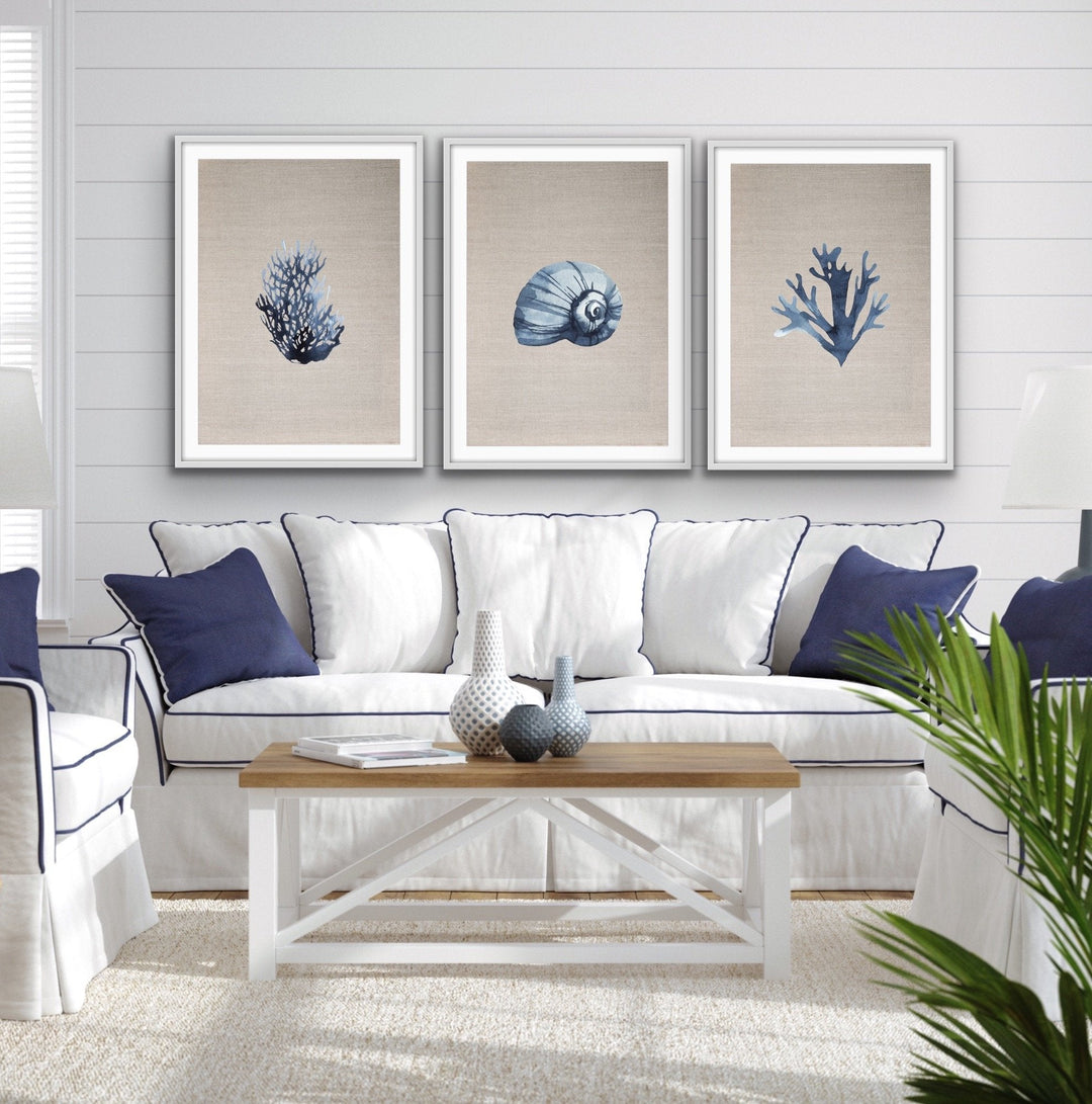Hamptons Dark Coral On Linen Seaside Wall Art Prints - Three Piece Art Print Triptych - I Heart Wall Art