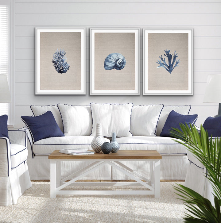 Hamptons Dark Coral On Linen Seaside Wall Art Prints - Three Piece Art Print Triptych - I Heart Wall Art
