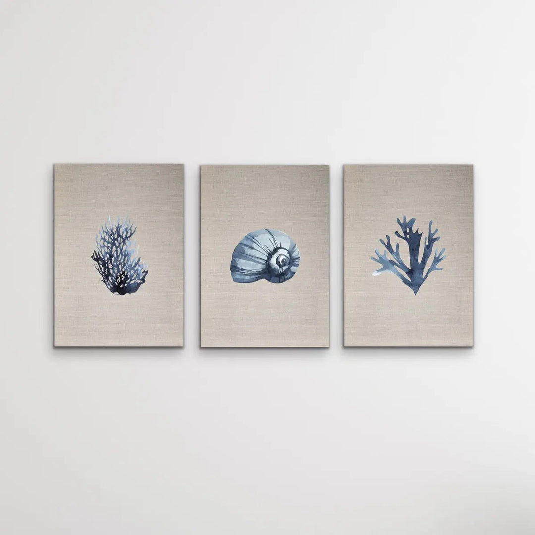 Hamptons Dark Coral On Linen Seaside Wall Art Prints - Three Piece Art Print Triptych - I Heart Wall Art