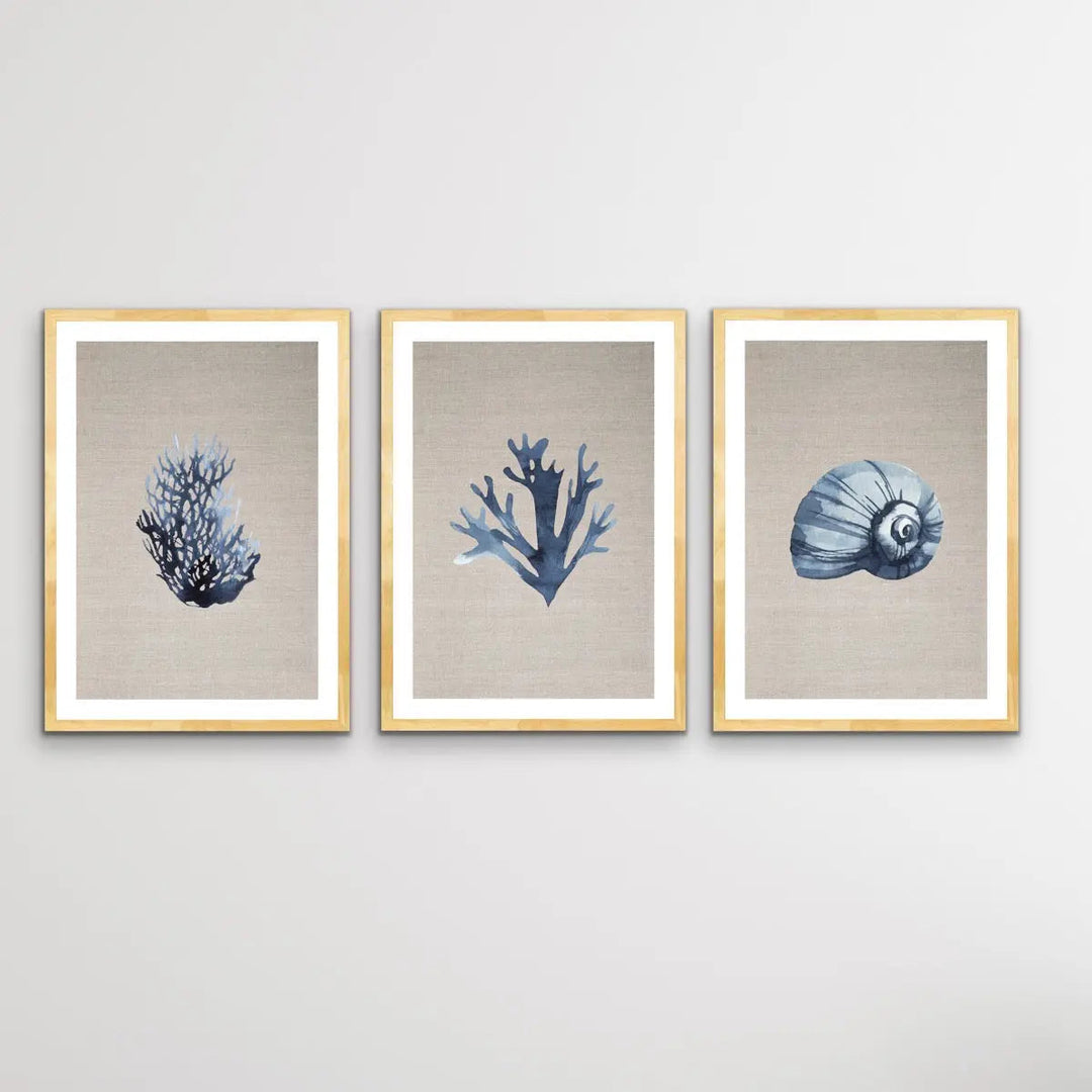 Hamptons Dark Coral On Linen Seaside Wall Art Prints - Three Piece Art Print Triptych - I Heart Wall Art
