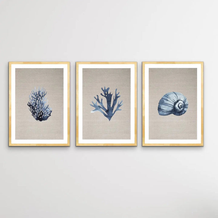 Hamptons Dark Coral On Linen Seaside Wall Art Prints - Three Piece Art Print Triptych - I Heart Wall Art