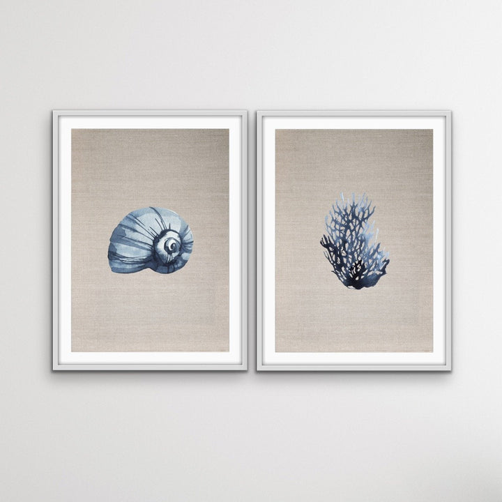 Hamptons Dark Coral On Linen - Two Piece Hamptons Coastal Beach Art Print Set Diptych - I Heart Wall Art