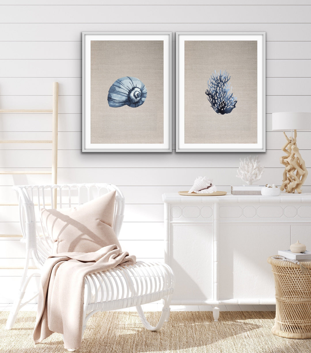 Hamptons Dark Coral On Linen - Two Piece Hamptons Coastal Beach Art Print Set Diptych - I Heart Wall Art