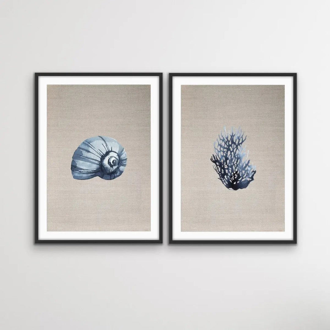 Hamptons Dark Coral On Linen - Two Piece Hamptons Coastal Beach Art Print Set - I Heart Wall Art - Poster Print, Canvas Print or Framed Art Print