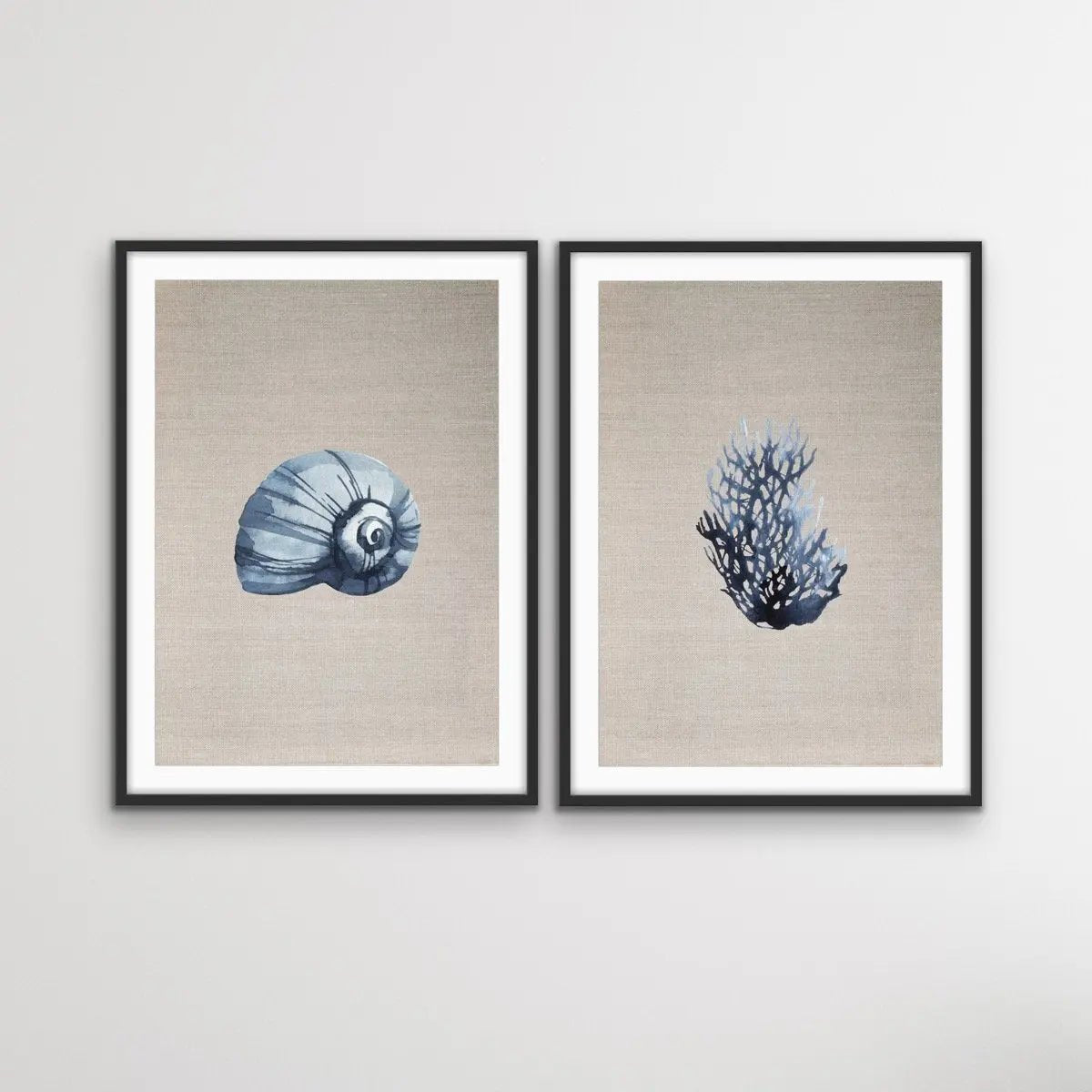 Hamptons Dark Coral On Linen - Two Piece Hamptons Coastal Beach Art Print Set - I Heart Wall Art - Poster Print, Canvas Print or Framed Art Print
