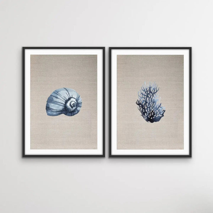 Hamptons Dark Coral On Linen - Two Piece Hamptons Coastal Beach Art Print Set - I Heart Wall Art - Poster Print, Canvas Print or Framed Art Print