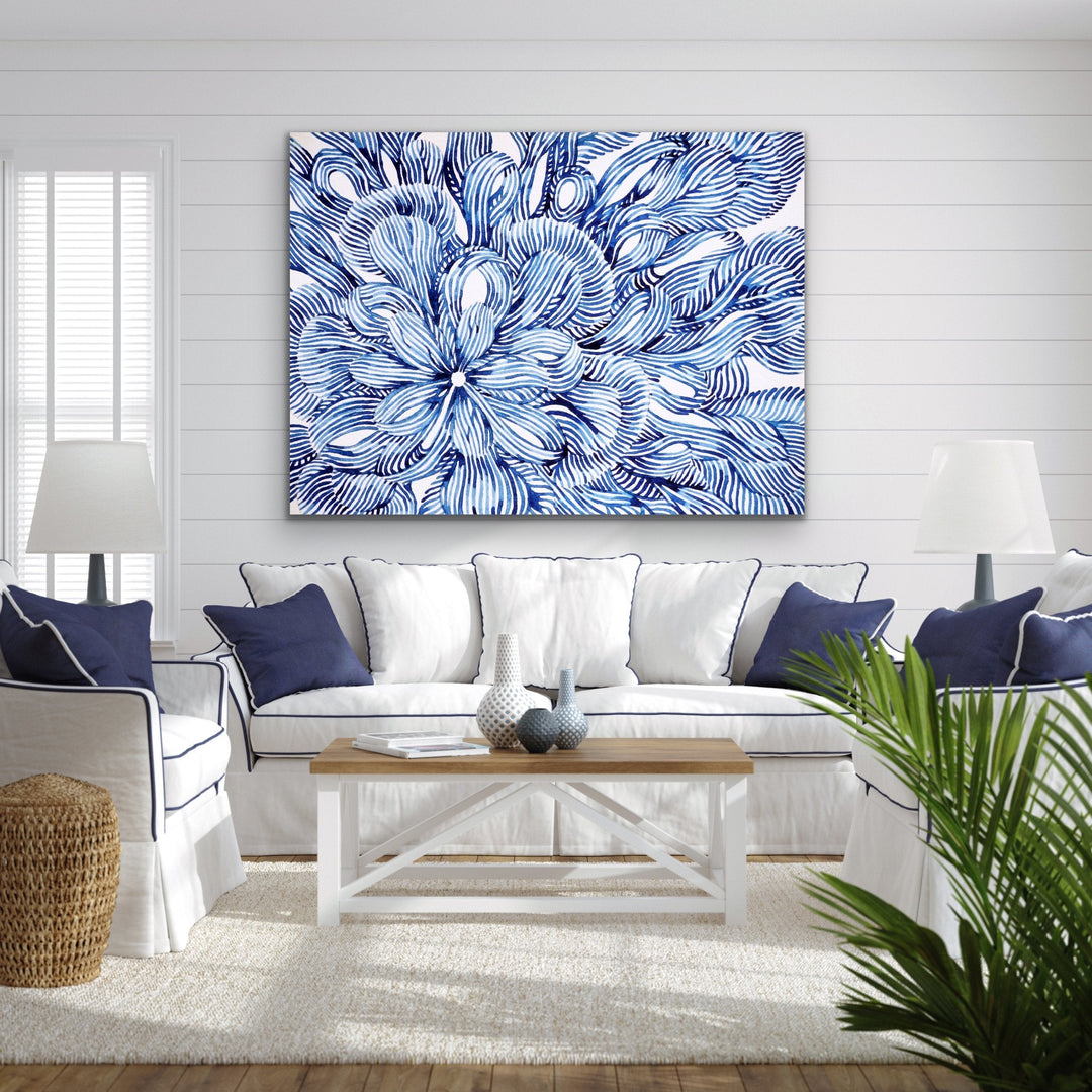 Hamptons Flower – Blue White Ink Floral Canvas or Art Print - I Heart Wall Art