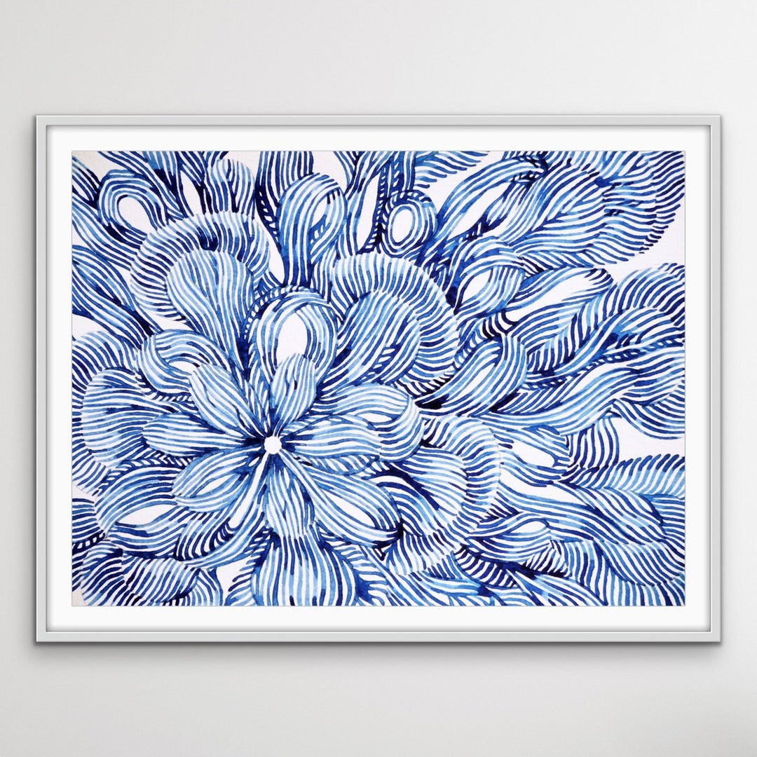 Hamptons Flower – Blue White Ink Floral Canvas or Art Print - I Heart Wall Art