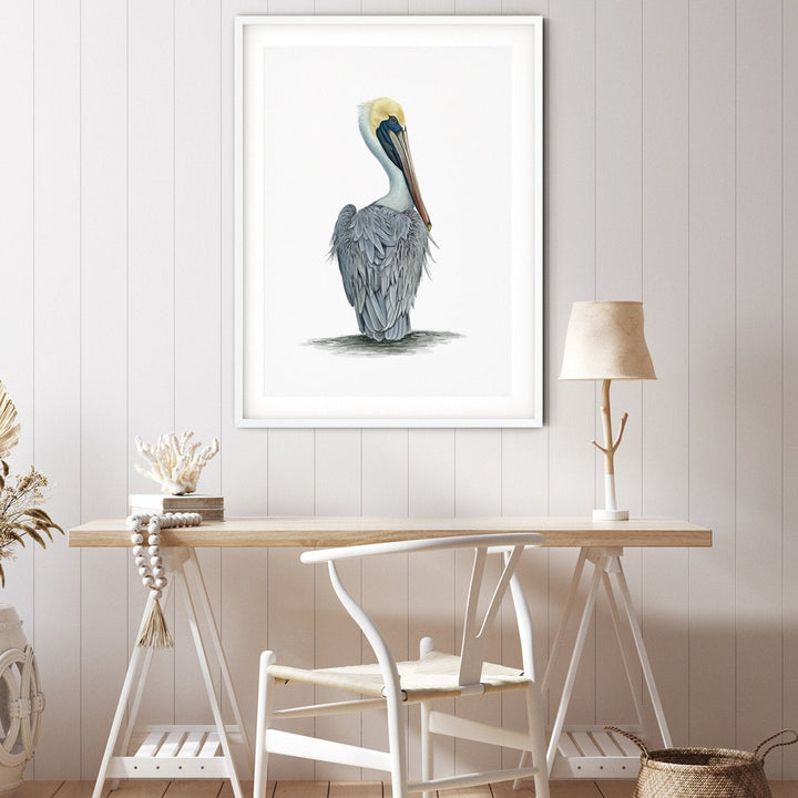 Hamptons Pelican - Watercolour Pelican On A White Backdrop - I Heart Wall Art