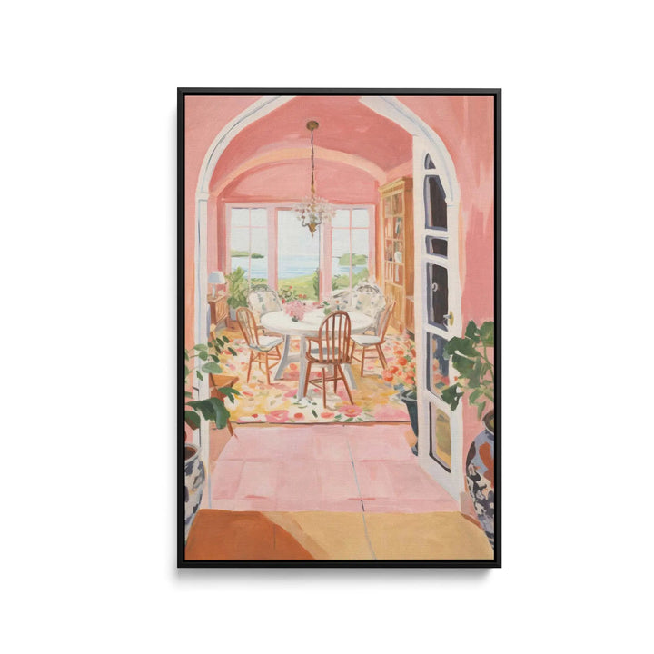 Pink watercolor dining room with arched doorways white table chairs floral rug on hazy memories stretched canvas print