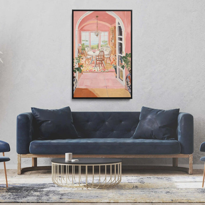 A framed pink and peach watercolor still life stretched canvas print of an arched doorway to a sunlit dining room