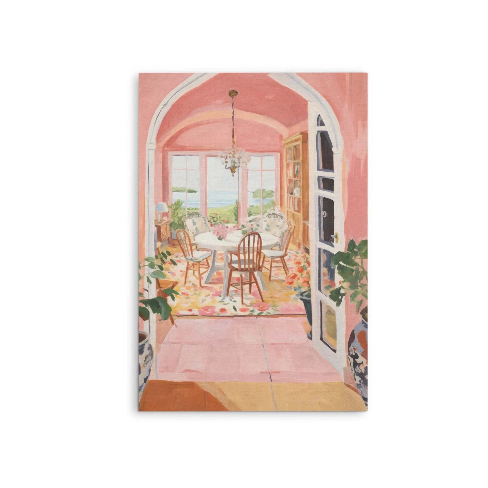 Hazy memories still life stretched canvas print of pink arched doorway leading into sunlit dining room with floral rug and white table