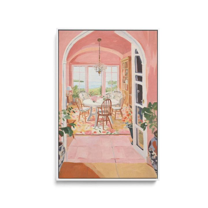 A framed watercolor painting print titled hazy memories depicting a cozy pink dining room with sea view window