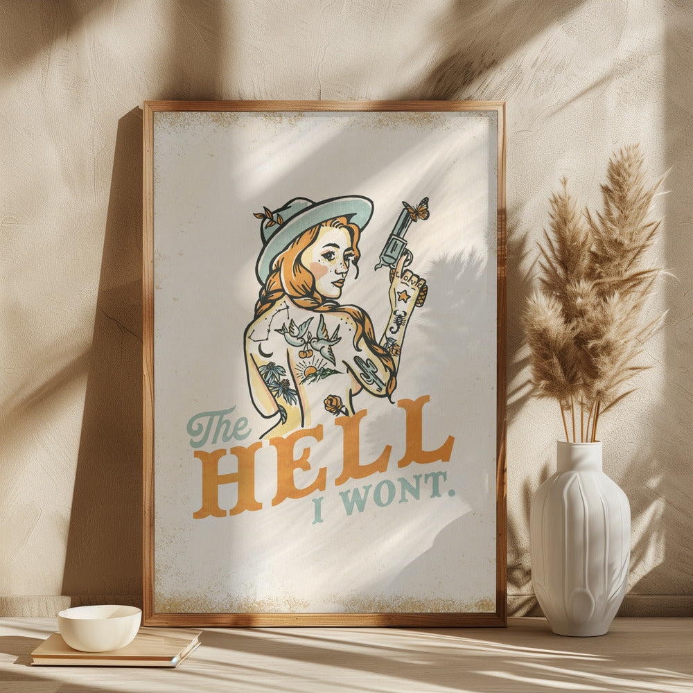Hell I Wont Sassy Tattoo Pinup Girl - Square Stretched Canvas, Poster or Fine Art Print I Heart Wall Art