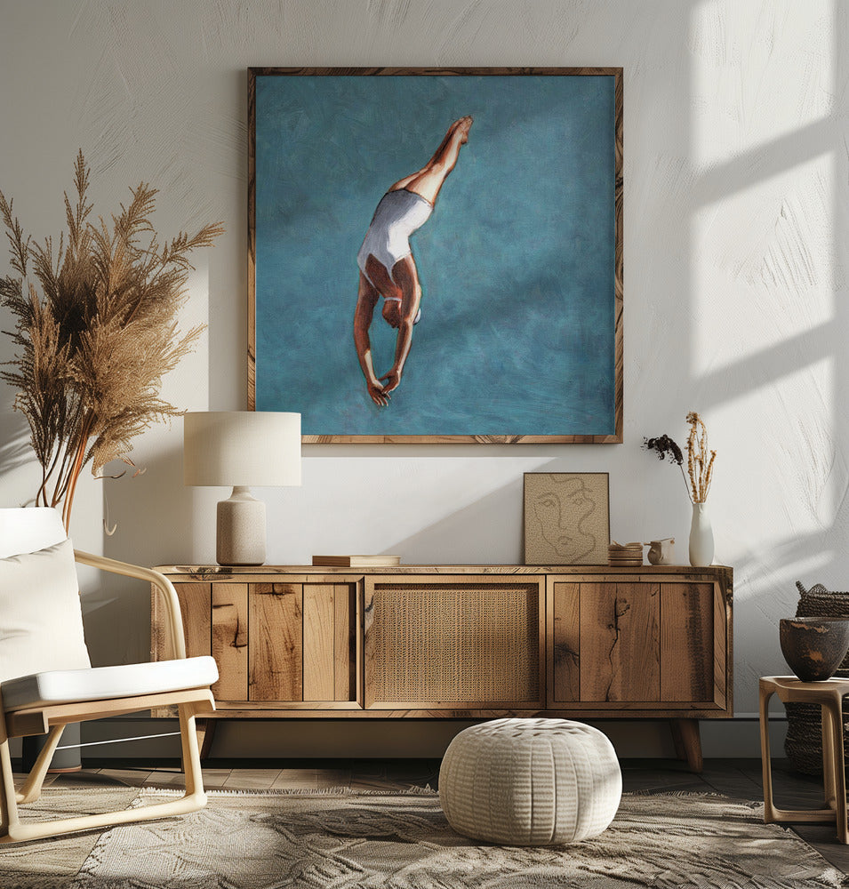 High Diver In Aqua Sky - Square Stretched Canvas, Poster or Fine Art Print I Heart Wall Art