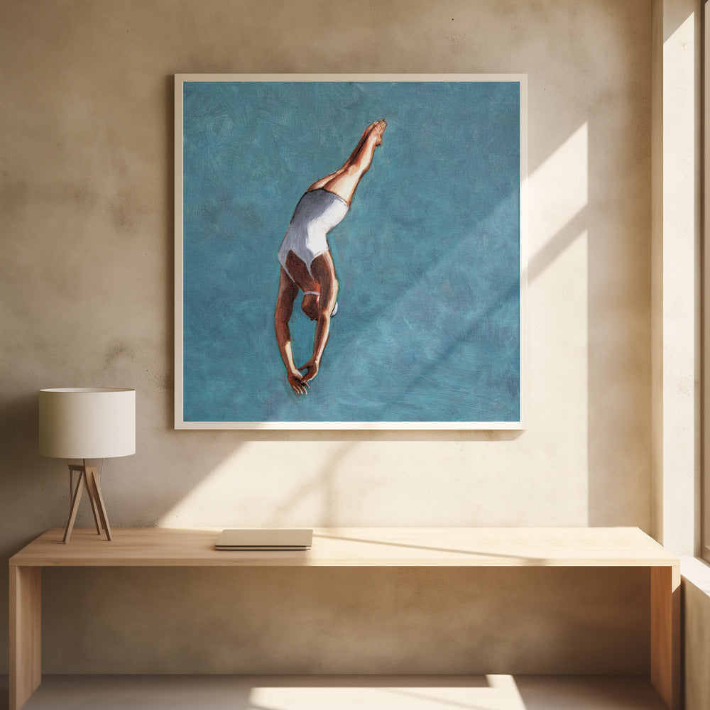 High Diver In Aqua Sky - Square Stretched Canvas, Poster or Fine Art Print I Heart Wall Art