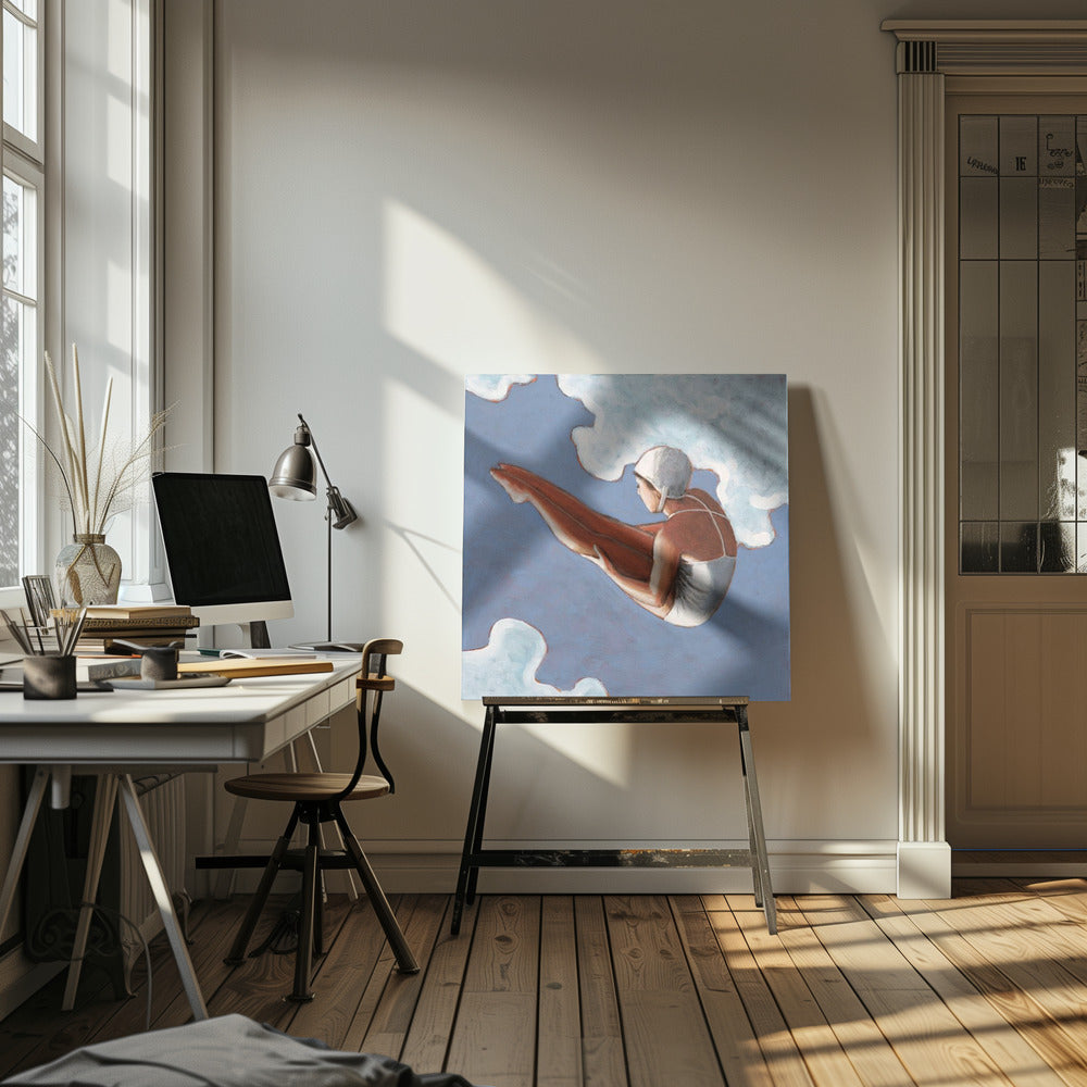 High Diver In Bold Clouds - Square Stretched Canvas, Poster or Fine Art Print I Heart Wall Art