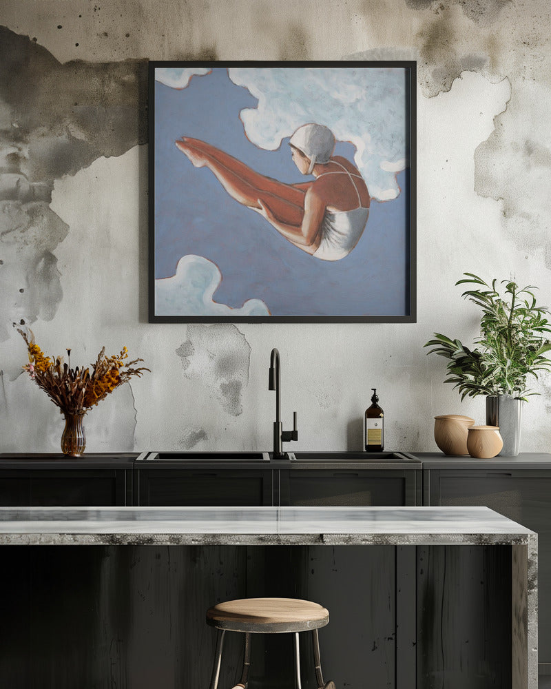 High Diver In Bold Clouds - Square Stretched Canvas, Poster or Fine Art Print I Heart Wall Art