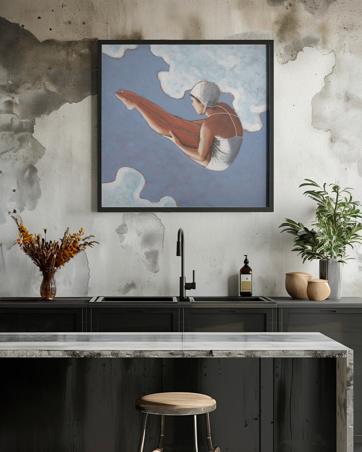 High Diver In Bold Clouds - Square Stretched Canvas, Poster or Fine Art Print I Heart Wall Art