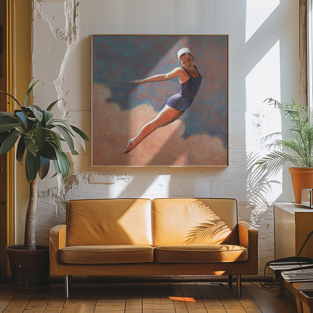 High Diver In Soft Clouds - Square Stretched Canvas, Poster or Fine Art Print I Heart Wall Art