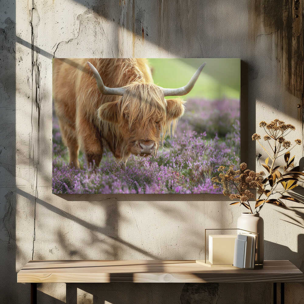 Highland Cow in Heather - Floral Photographic Stretched Canvas Poster or Fine Art Print