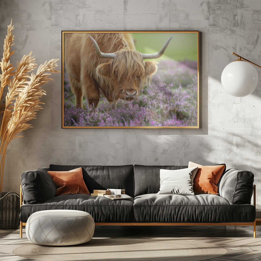 Highland Cow in Heather - Floral Photographic Stretched Canvas Poster or Fine Art Print