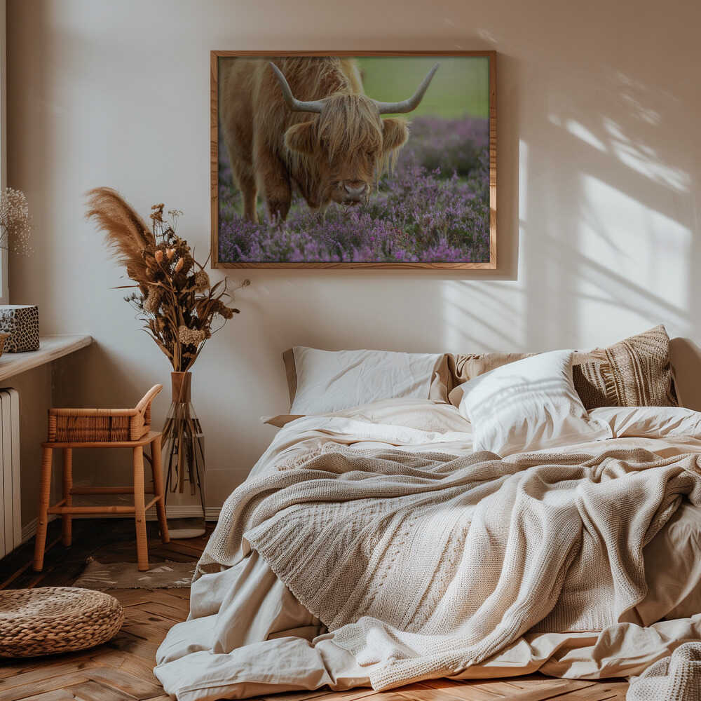 Highland Cow in Heather - Floral Photographic Stretched Canvas Poster or Fine Art Print