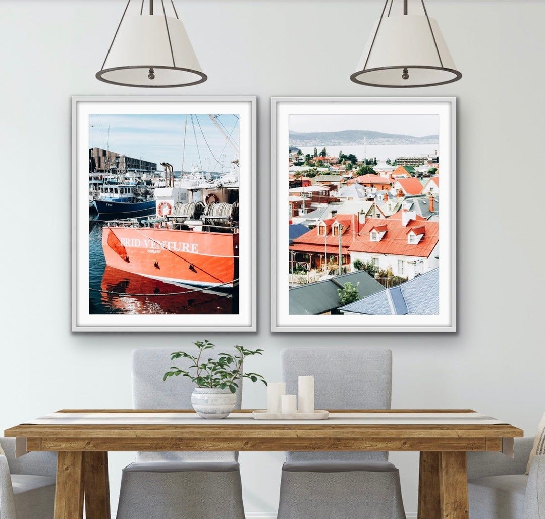 Hobart - Two Piece Photographic Print Set of Hobart Tasmania Houses and Boats Diptych - I Heart Wall Art