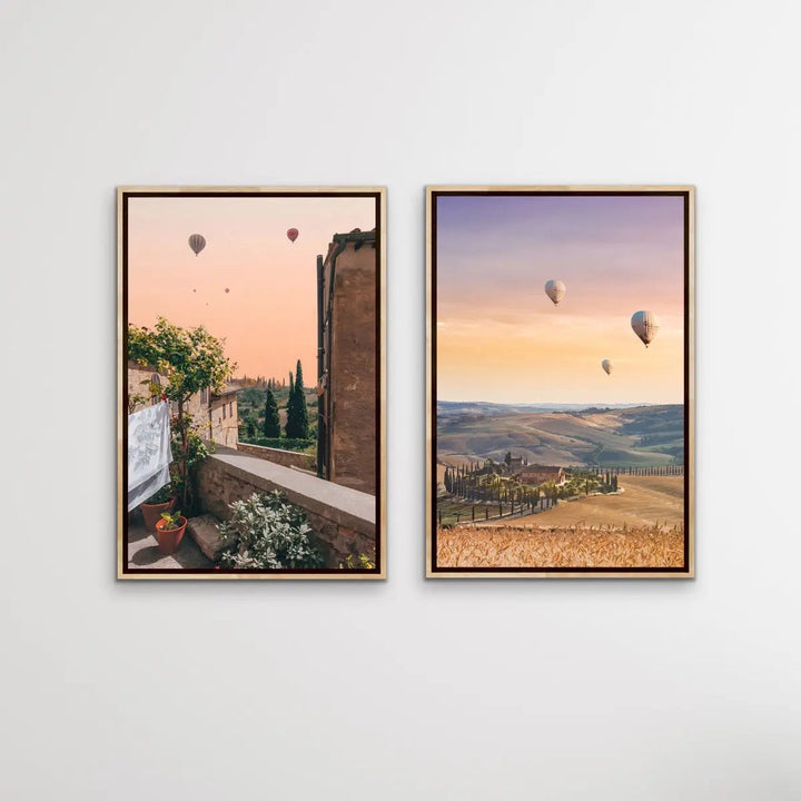 Hot Air Ballooning Over Tuscany - Two Piece Tuscany Italy Photographic Print Set Diptych - I Heart Wall Art