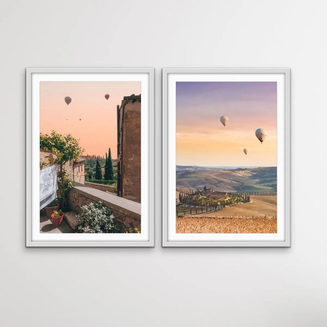 Hot Air Ballooning Over Tuscany - Two Piece Tuscany Italy Photographic Print Set Diptych - I Heart Wall Art
