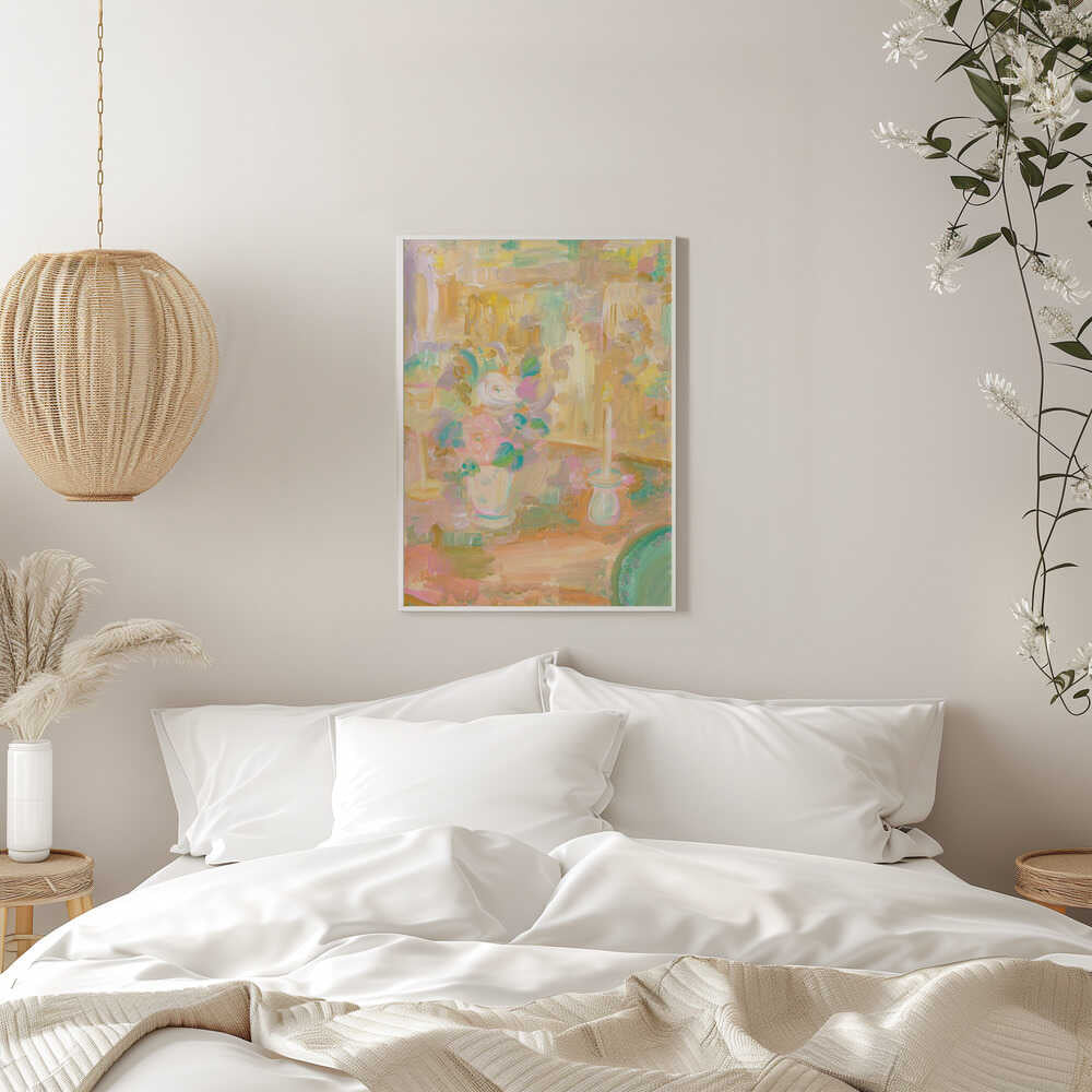 Impressionist Painting of Flowers and Candle - Stretched Canvas Poster or Fine Art Print