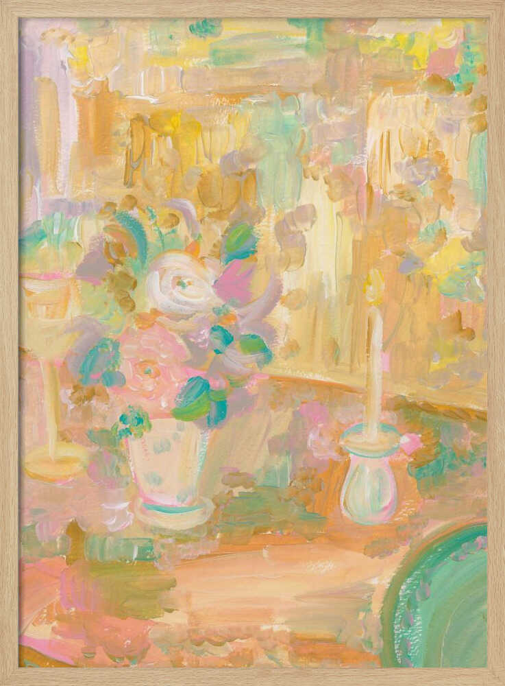 Impressionist Painting of Flowers and Candle - Stretched Canvas Poster or Fine Art Print