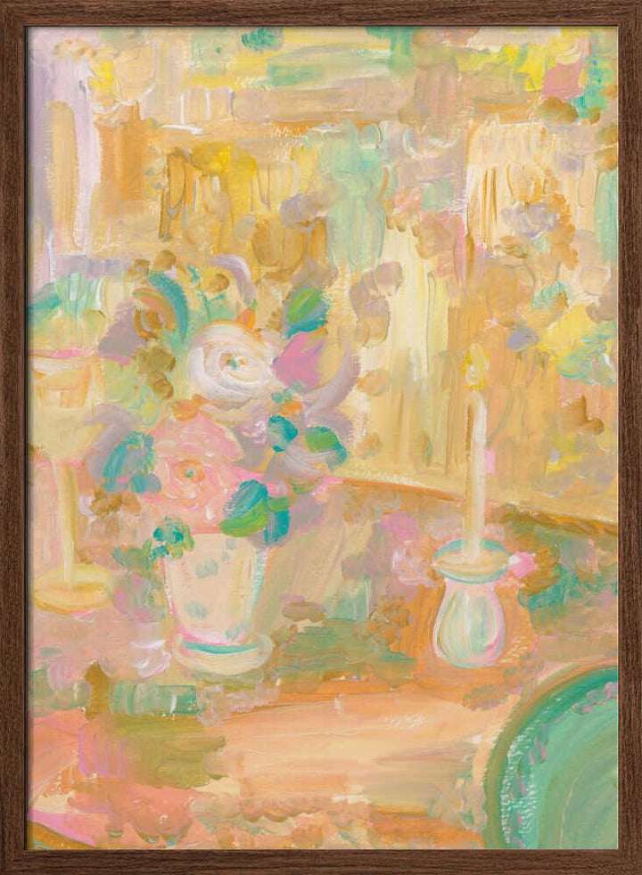 Impressionist Painting of Flowers and Candle - Stretched Canvas Poster or Fine Art Print