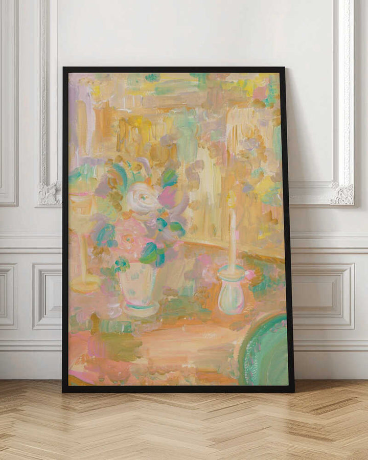 Impressionist Painting of Flowers and Candle - Stretched Canvas Poster or Fine Art Print
