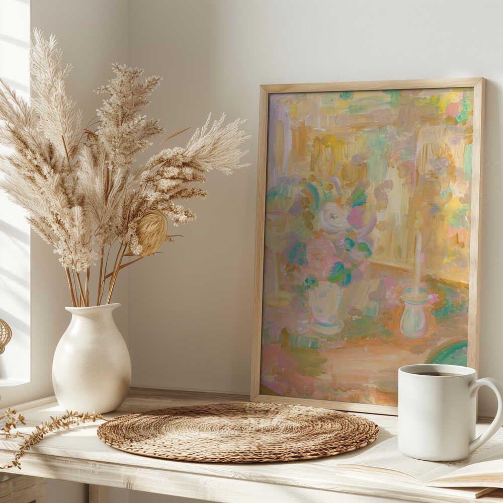 Impressionist Painting of Flowers and Candle - Stretched Canvas Poster or Fine Art Print