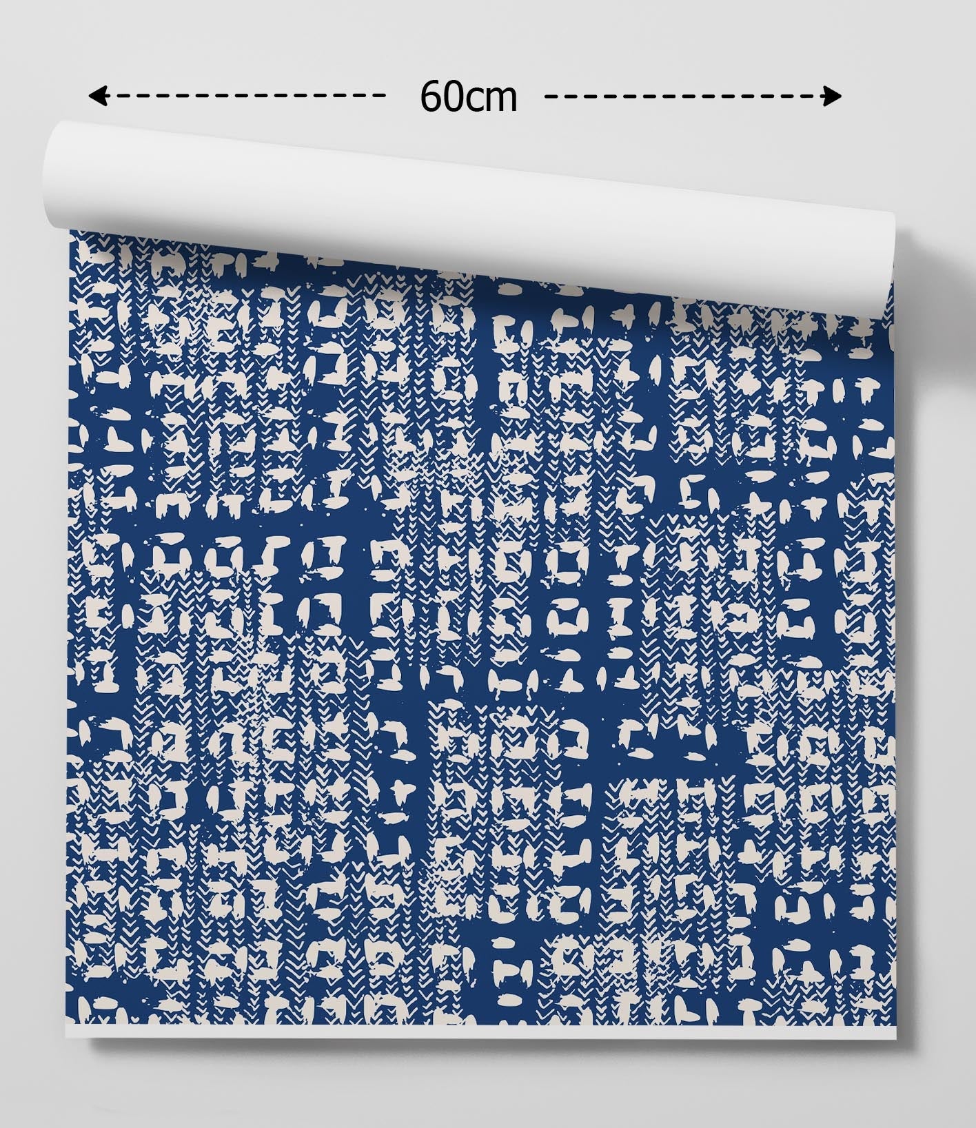 Indigo world blue and cream patterned wallpaper with textured abstract geometric design for interior walls