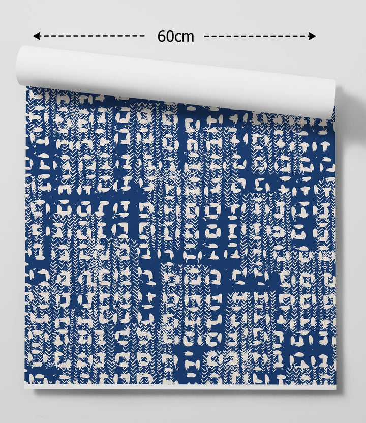 Indigo world blue and cream patterned wallpaper with textured abstract geometric design for interior walls